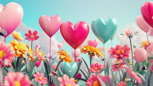 A vibrant field of flowers with colorful heart-shaped balloons, embodying love and joy in a whimsical outdoor scene.