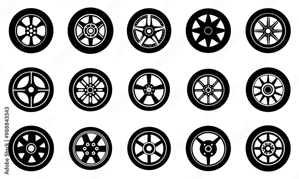 Wheel black icons set. Rubber auto automobile motorbike motorcycle wheel tyre. Road maintenance service symbol. Equipment item for car. Simple black and white flat style isolated vector clipart Wheel black icons set. Rubber auto automobile motorbike motorcycle wheel tyre. Road maintenance service symbol. Equipment item for car. Simple black and white flat style isolated vector clipart