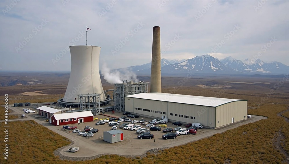 A nuclear power plant with mountains in the background. A nuclear power plant with mountains in the background.