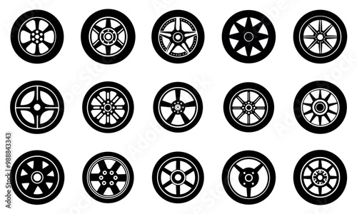 Wheel black icons set. Rubber auto automobile motorbike motorcycle wheel tyre. Road maintenance service symbol. Equipment item for car. Simple black and white flat style isolated vector clipart