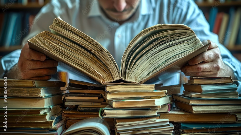 Fototapeta premium a scholar reading a stack of academic journals, symbolizing the in-depth research and study in academic fields