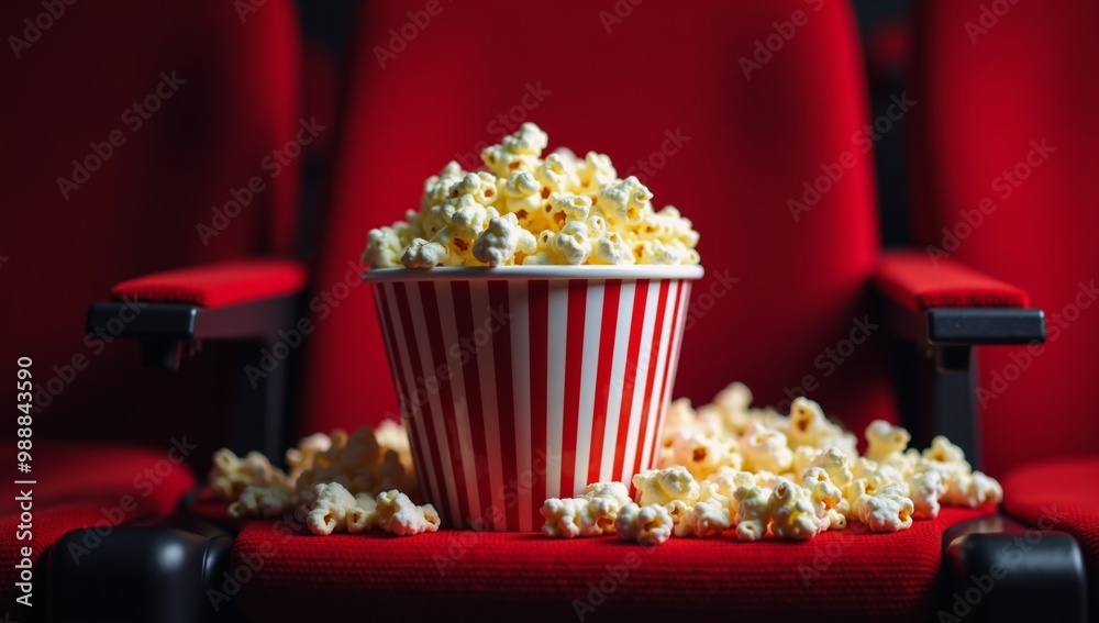 A red and white striped bucket of popcorn sitting on a red chair. A red and white striped bucket of popcorn sitting on a red chair.