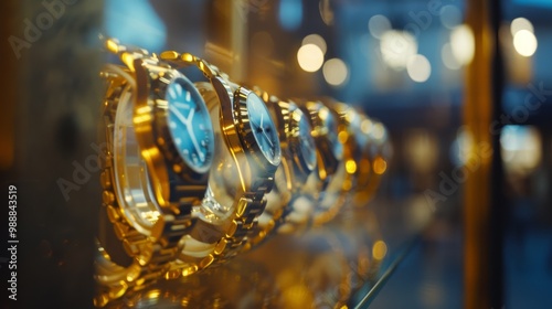 Display of luxurious gold wristwatches in a store, with reflections adding to their opulent shine and allure.