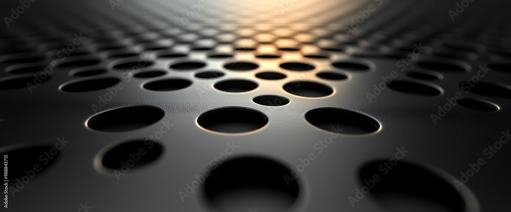 Abstract pattern of round holes in a metallic surface with a blurred warm light at the end. Abstract pattern of round holes in a metallic surface with a blurred warm light at the end.