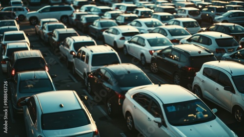 Rows of cars tightly packed in a parking lot, reflecting the evening sunlight, suggest a bustling urban environment or busy public event.