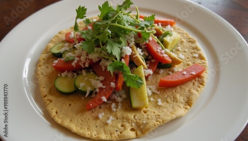 A white plate topped with a tortilla covered in vegetables.