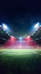 Vertical image. 3D render of brightly lit American football stadium with packed fan tribune, yellow goal post in center, illuminated by pink and blue lights. Sport, tournament, championship, game