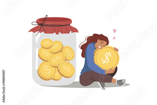 Woman saves and accumulates money to achieve financial security, sits near large jar of coins. Girl cares about financial security and stability, wanting to be confident in own future
