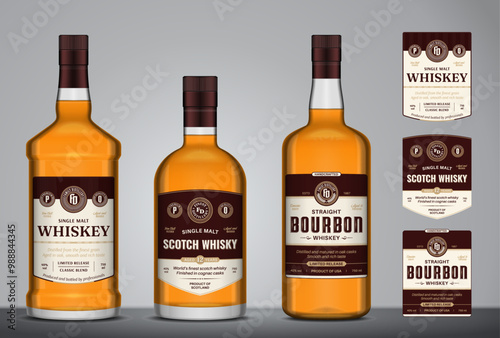 Whiskey, bourbon and scotch whisky labels and glass bottle mockups