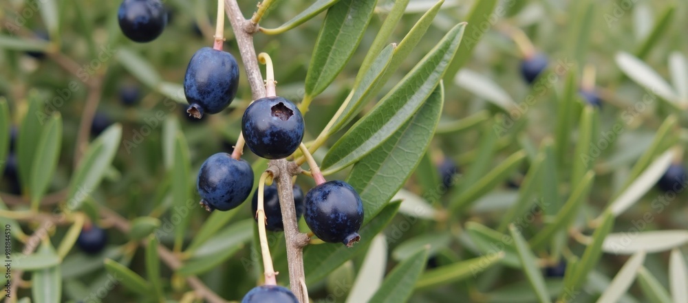 Obraz premium A bunch of blueberries hanging from a tree branch.