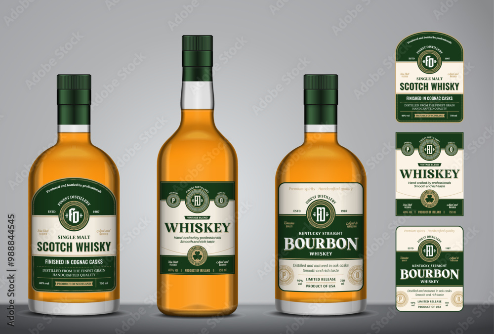 Whiskey, bourbon and scotch whisky labels and glass bottle mockups Whiskey, bourbon and scotch whisky labels and glass bottle mockups
