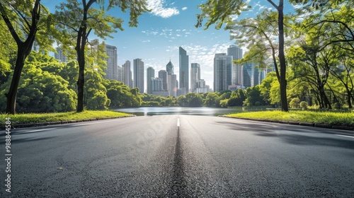 Fototapeta Naklejka Na Ścianę i Meble -  Spring City Road. Modern City Skyline with Central Park, Bright Buildings and Downtown Architecture