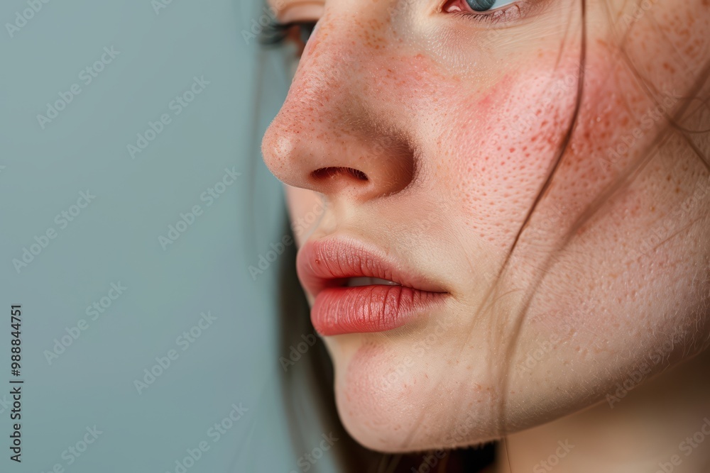 © Sweettymojidesign - Close-up of a woman's face highlighting her delicate features, freckles, and soft lips against a subtle gray background. © Sweettymojidesign - Close-up of a woman's face highlighting her delicate features, freckles, and soft lips against a subtle gray background.