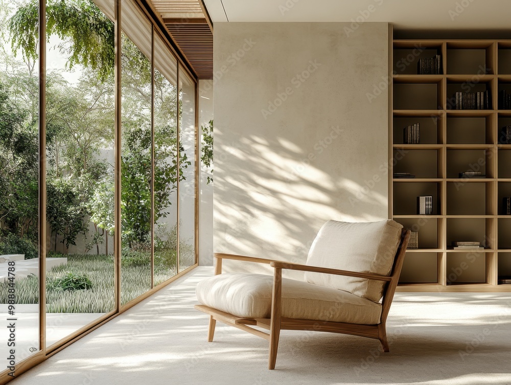 Obraz premium A white chair is sitting in front of a window. The chair is in a room with a lot of books