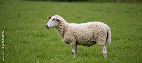 A sheep standing in a field of green grass.