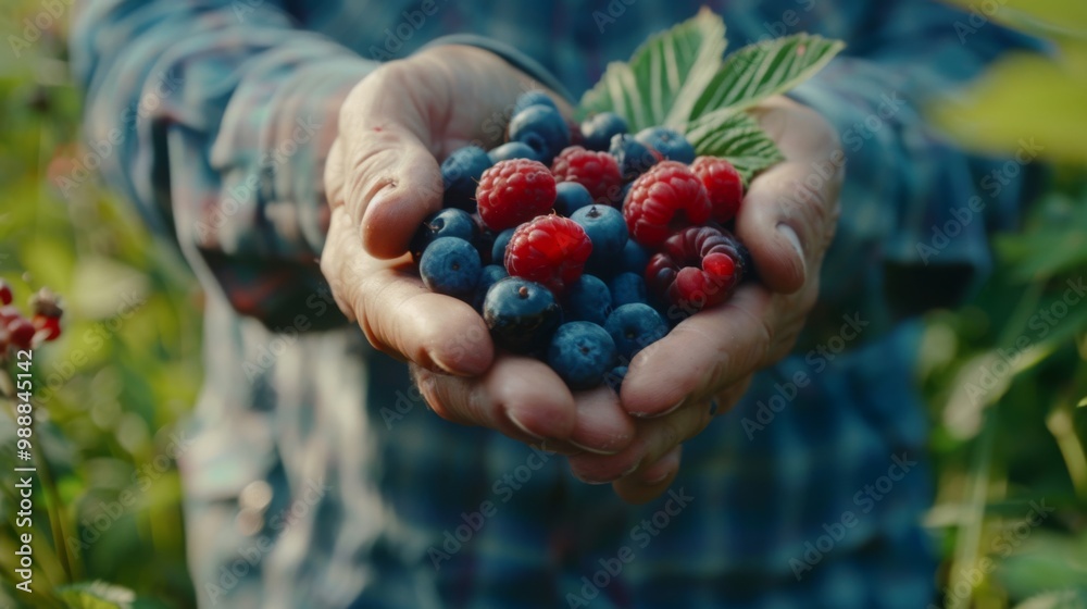 Close-up of hands holding a collection of freshly picked raspberries and blueberries, showcasing the natural bounty and vibrant colors. Close-up of hands holding a collection of freshly picked raspberries and blueberries, showcasing the natural bounty and vibrant colors.