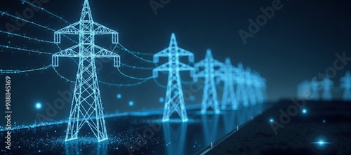A row of electricity pylons on a dark background.