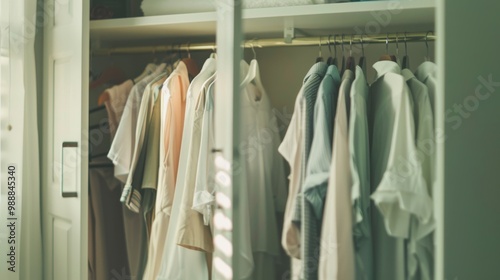 A well-organized wardrobe featuring neatly hung garments in a soft, gentle light, reflecting tranquility in an elegantly designed space.