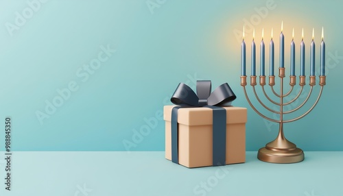 A beautifully wrapped gift box beside a traditional menorah, symbolizing celebration and togetherness during the holiday season.