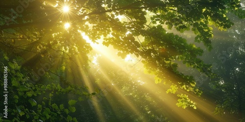 Sun Shining Through Trees. Natural Sunlight Filtering Through Green Forest Canopy