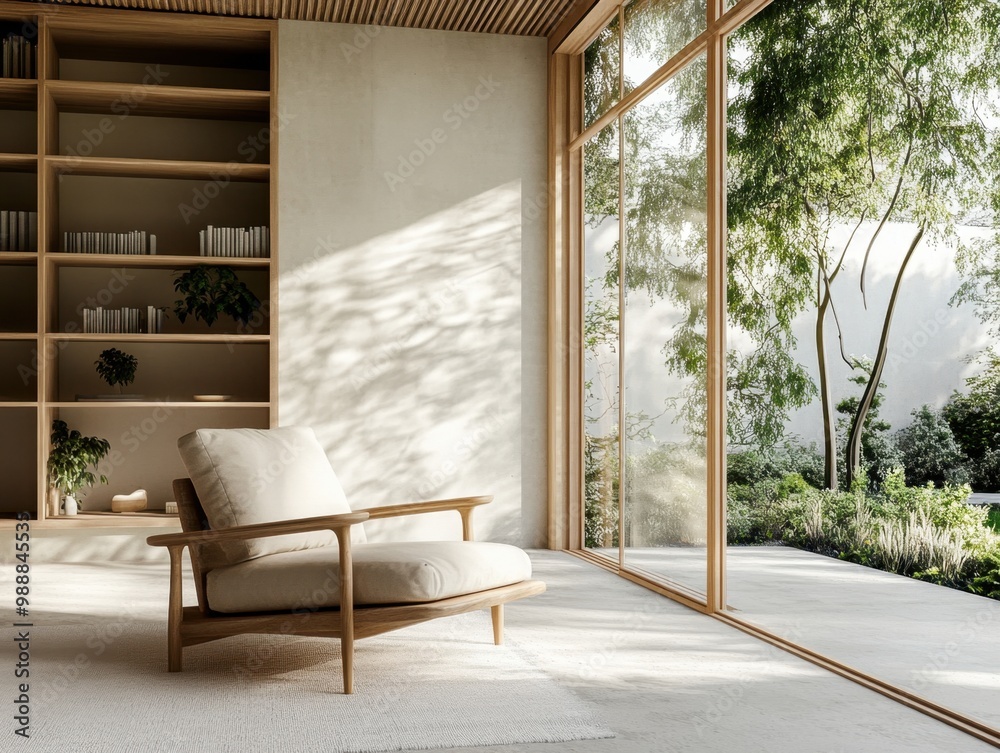 Obraz premium A chair is in a room with a window. The chair is white and wooden. There is a bookcase in the room