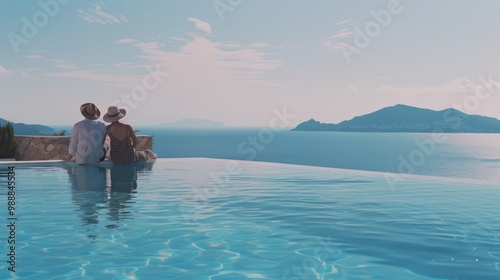 A tranquil scene of a couple sitting by the edge of an infinity pool, gazing at a panoramic ocean view under a clear blue sky.