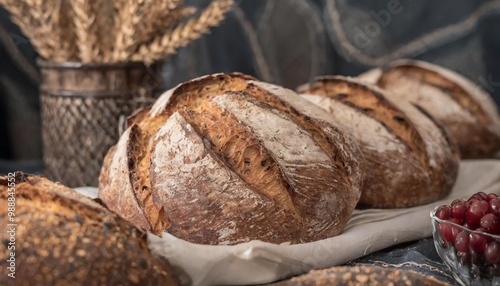 Artisanal baked breads with depth of field showcasing rustic crusts and soft interiors