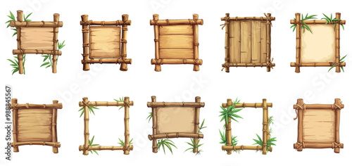 Wooden bamboo sign board frames set with leaves and branches. Old parchment paper jungle sticks with ropes wooden planks. Exotic menu game sign elements. Cartoon style isolated vector clipart