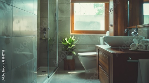 An elegant, modern bathroom with stylish wooden accents, featuring a shower cabin, a toilet, a sink, and a small potted plant by the window. photo