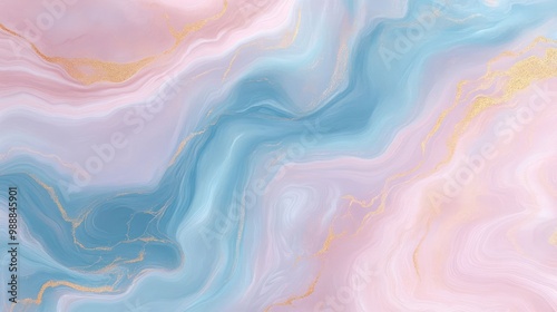 Abstract fluid art with soft pinks, blues, and gold accents. Ideal for backgrounds or decor.