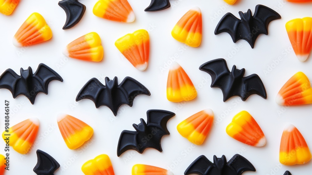 Fototapeta premium Spooky Halloween Candy Corn and Marshmallow Bats on White Background