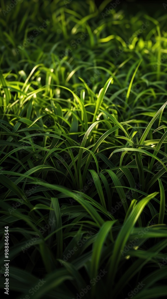 Detailed view of lush, dark green grass, with a touch of sunlight peeking through.