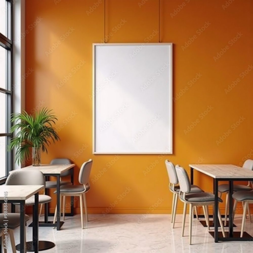 Fototapeta premium A dining room with orange walls and white tables.