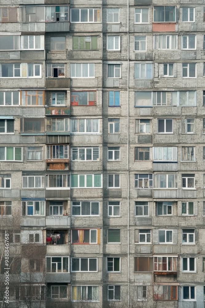 Facade of a Grey Multi-storey Panel building in Russia, Soviet architecture houses Facade of a Grey Multi-storey Panel building in Russia, Soviet architecture houses