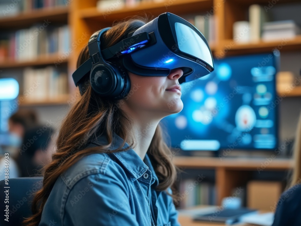 Woman using a virtual reality headset in a classroom setting, close-up portrait showcasing immersive technology for educational purposes in a modern learning environment Woman using a virtual reality headset in a classroom setting, close-up portrait showcasing immersive technology for educational purposes in a modern learning environment