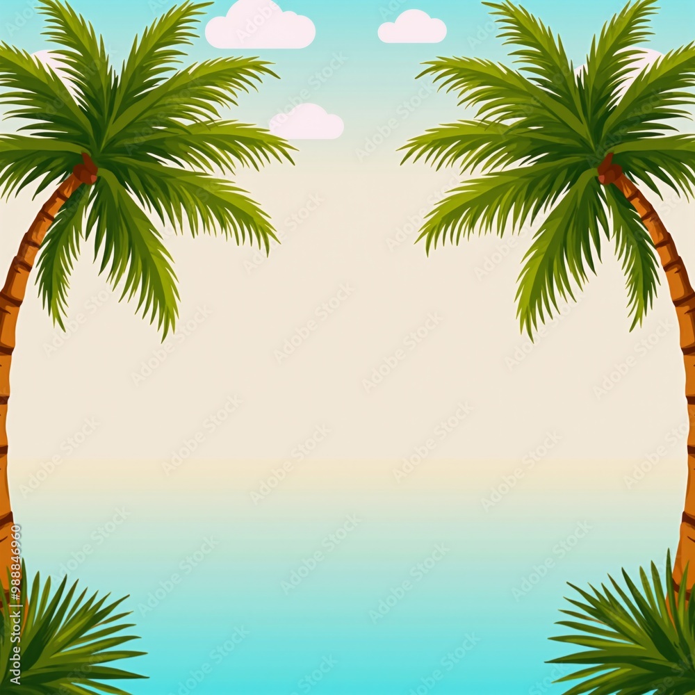 Fototapeta premium A beach scene with palm trees and the ocean.