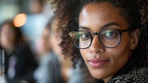 Portrait of a confident woman wearing glasses, showcasing a thoughtful expression amidst a blurred background of people.