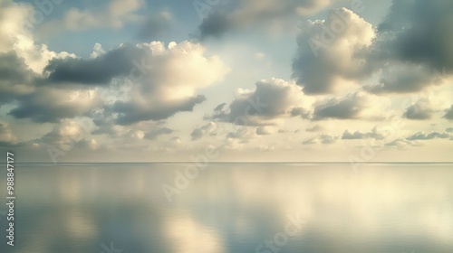 A serene seascape with soft clouds reflecting on calm waters.