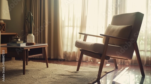 A sunlit living room corner featuring a cozy armchair, a mid-century modern coffee table, and soft curtains, creating a warm and inviting atmosphere.