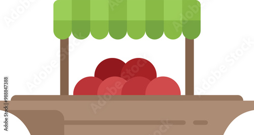 Simple vector illustration of a floating market boat selling produce with a green and white awning