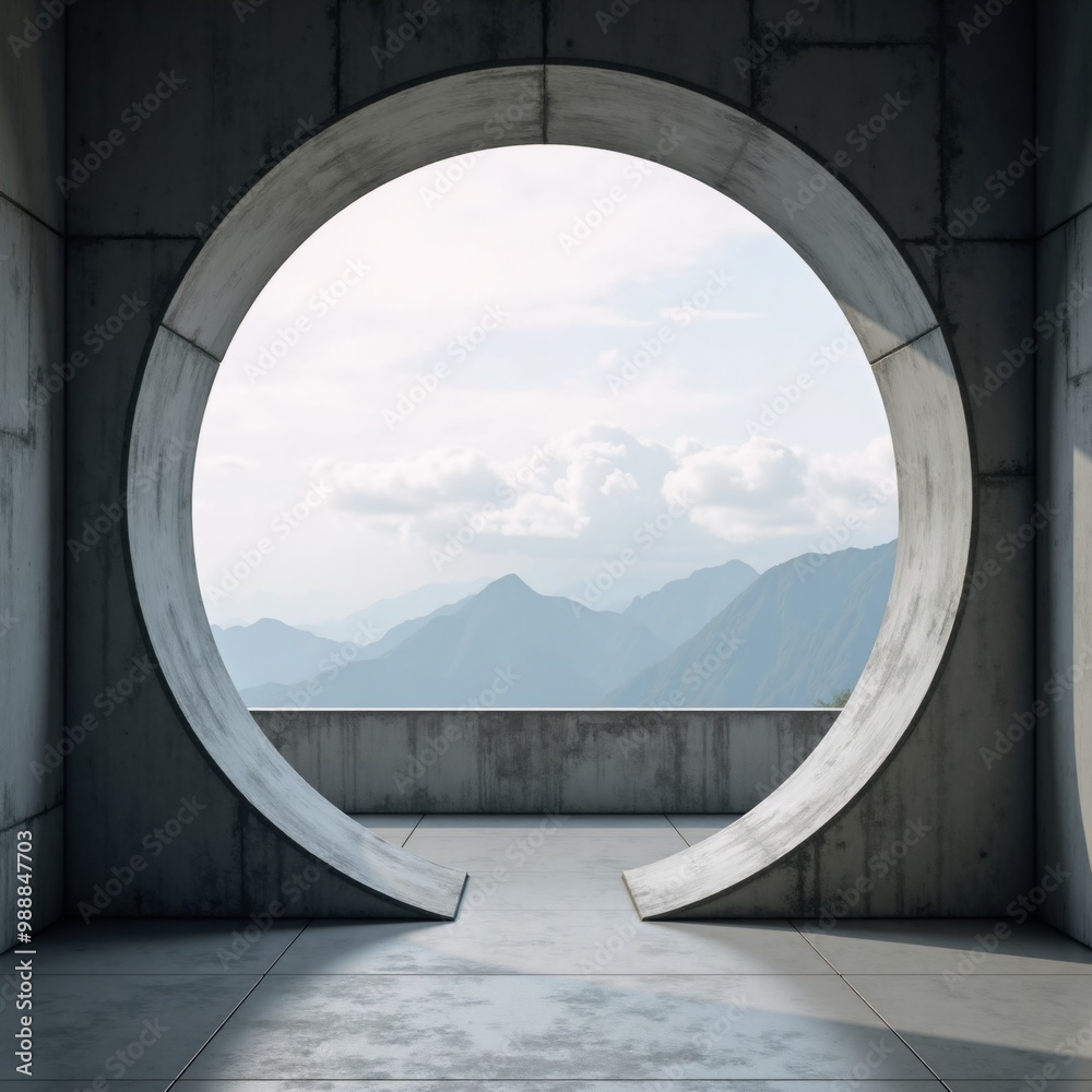 Fototapeta premium A circular window in a concrete wall with a view of mountains.