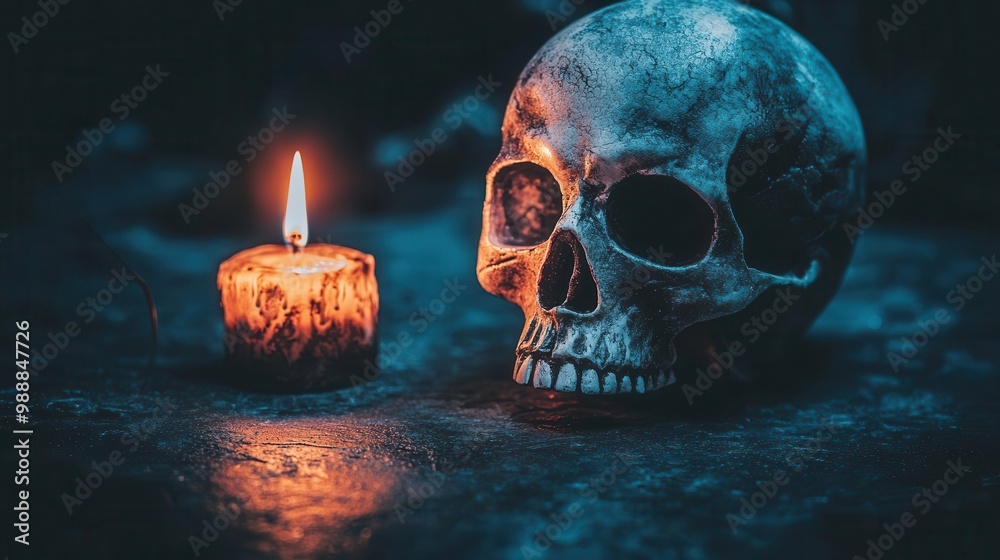 Skull illuminated by flickering candlelight, casting ominous shadows, dark and spooky Halloween atmosphere Skull illuminated by flickering candlelight, casting ominous shadows, dark and spooky Halloween atmosphere