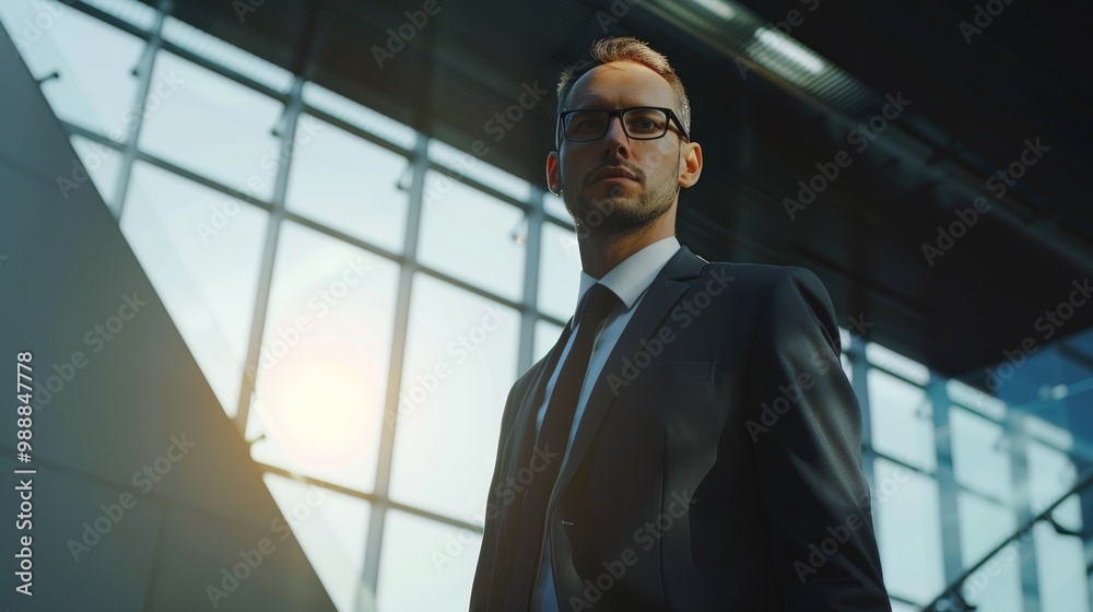A confident man in glasses and a suit stands in an office hallway with high windows, bathed in natural light, exuding professionalism. A confident man in glasses and a suit stands in an office hallway with high windows, bathed in natural light, exuding professionalism.