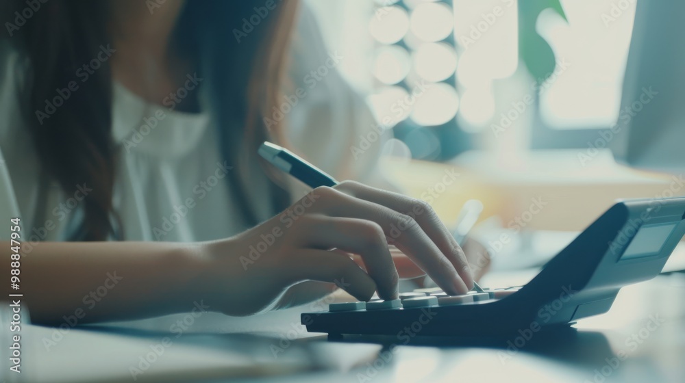 Obraz premium A close-up of a woman using a calculator on a desk, emphasizing focus and precision in a work environment.
