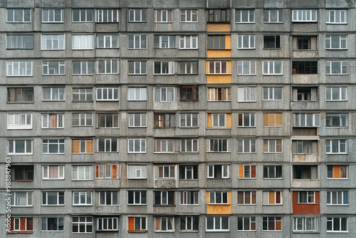 Facade of a Grey Multi-storey Panel building in Russia, Soviet architecture houses