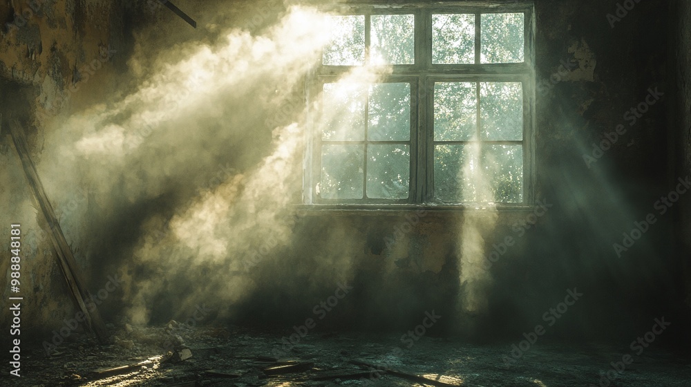 Obraz premium soft sunlight filtering through the window of an abandoned room, filling the space with glowing dust particles and shadows, creating a mystical atmosphere of peace, solitude, and haunting beauty