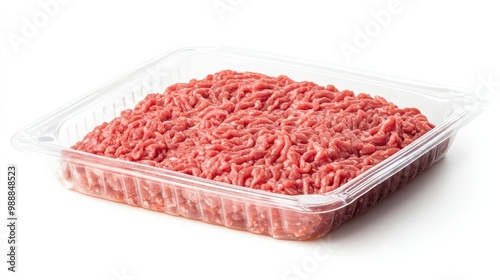 A vacuum-sealed plastic tray with raw ground beef, set against a white background, representing efficient packaging for fresh meat in stores.