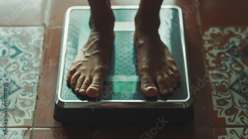 Close-up of bare feet standing on a digital scale, capturing a moment of self-assessment and health consciousness. photo