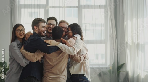 Six colleagues in a bright office environment share a joyful group hug, celebrating teamwork and shared success. Free Download Six colleagues in a bright office environment share a joyful group hug, celebrating teamwork and shared success. - GFXLoad