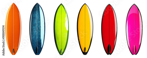 Vibrant Collection of Shiny Surfboards in Various Colors on Transparent Background - Perfect for Surfing, Beach Themes, and Creative Projects - Ideal for Graphic Design, Marketing, and Summer Imagery.
